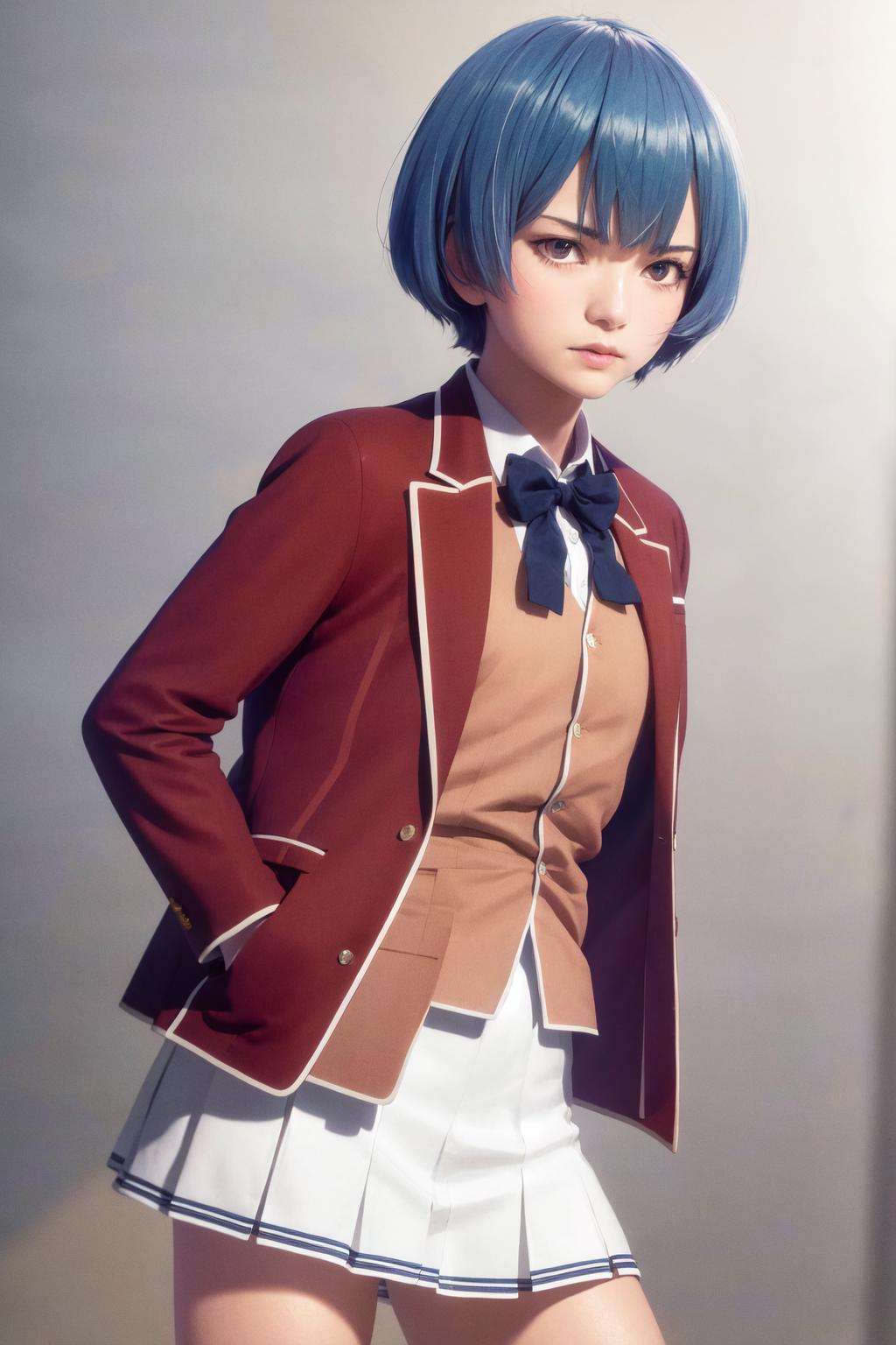 masterpiece, best quality, highres, 1girl ibuki mio short hair blue hair, white skirt red jacket open jacket <lora:ibuki_mio:1> standing, hands in pockets, realistic