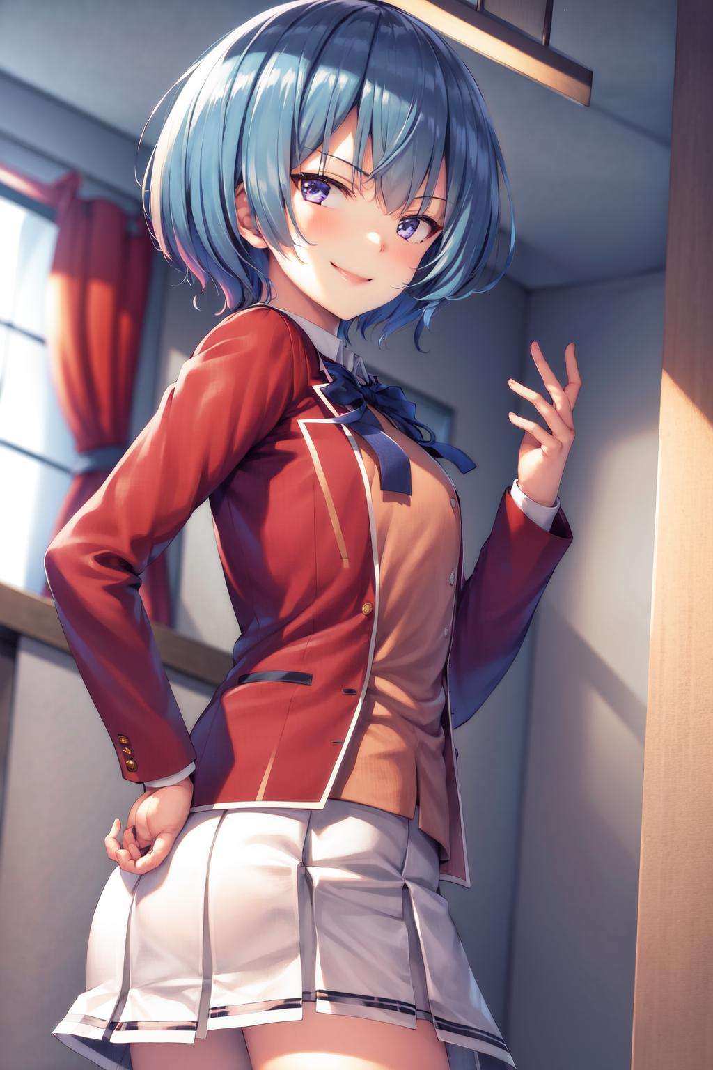 masterpiece, best quality, highres, 1girl ibuki mio short hair blue hair, white skirt red jacket open jacket <lora:ibuki_mio:1> smile, standing, indoors, from behind