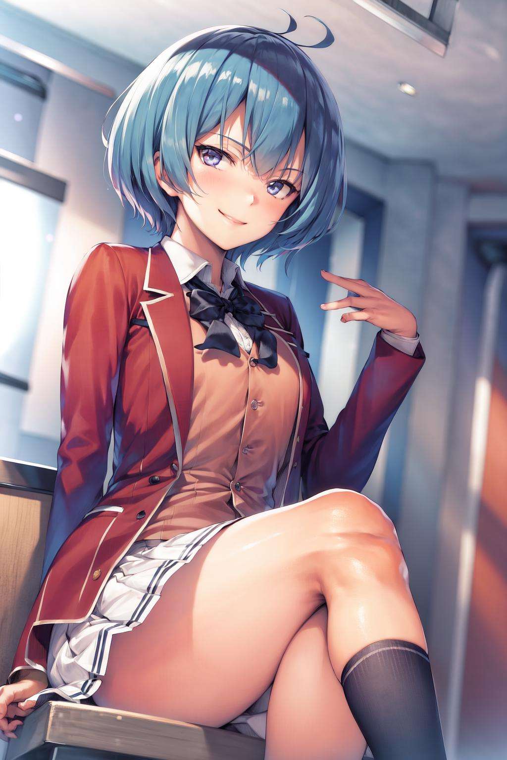 masterpiece, best quality, highres, 1girl ibuki mio short hair blue hair, white skirt red jacket open jacket <lora:ibuki_mio:1> smile, sitting, crossed legs, indoors