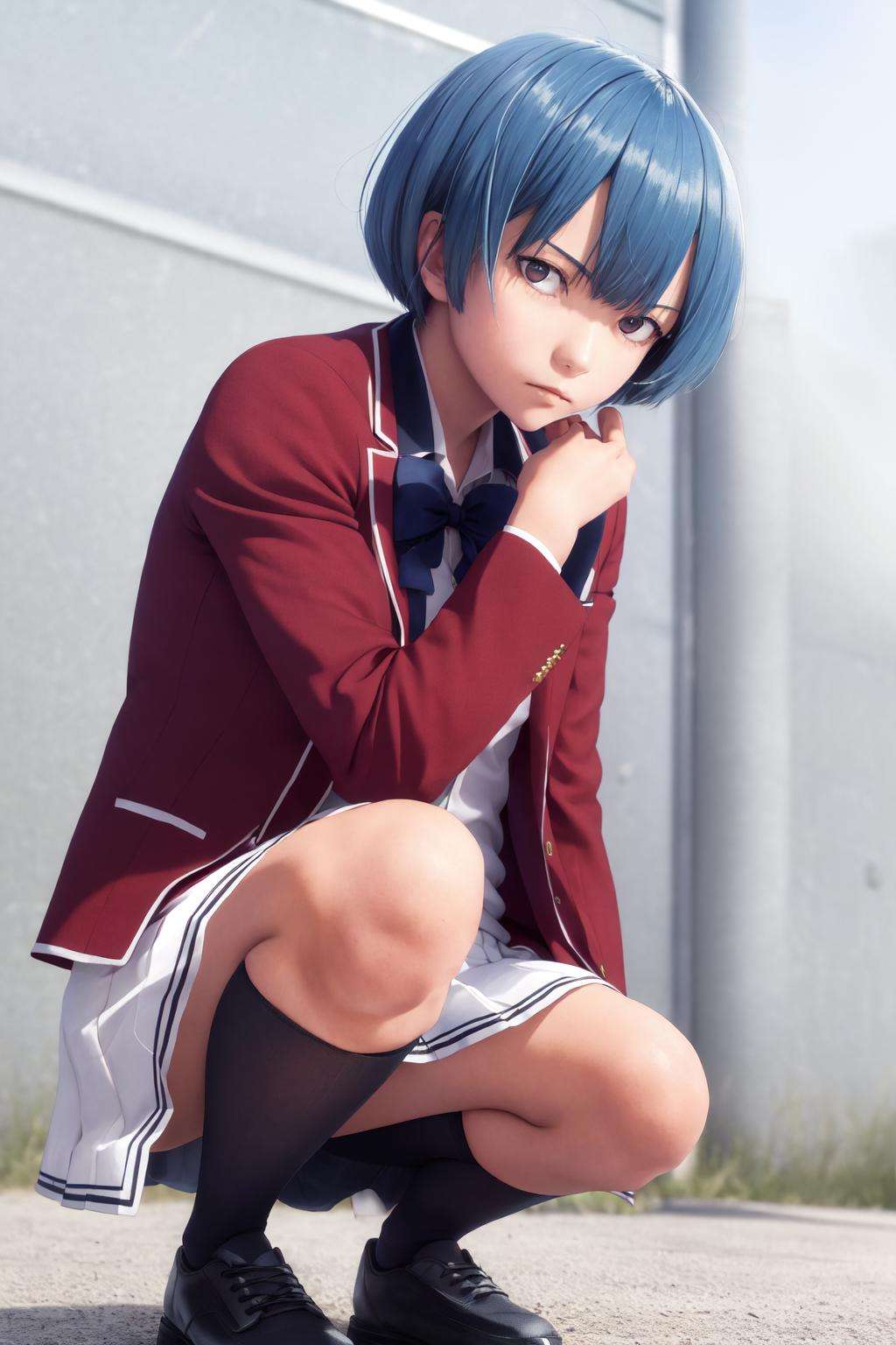 masterpiece, best quality, highres, 1girl ibuki mio short hair blue hair, white skirt red jacket open jacket <lora:ibuki_mio:1> squatting, photorealistic