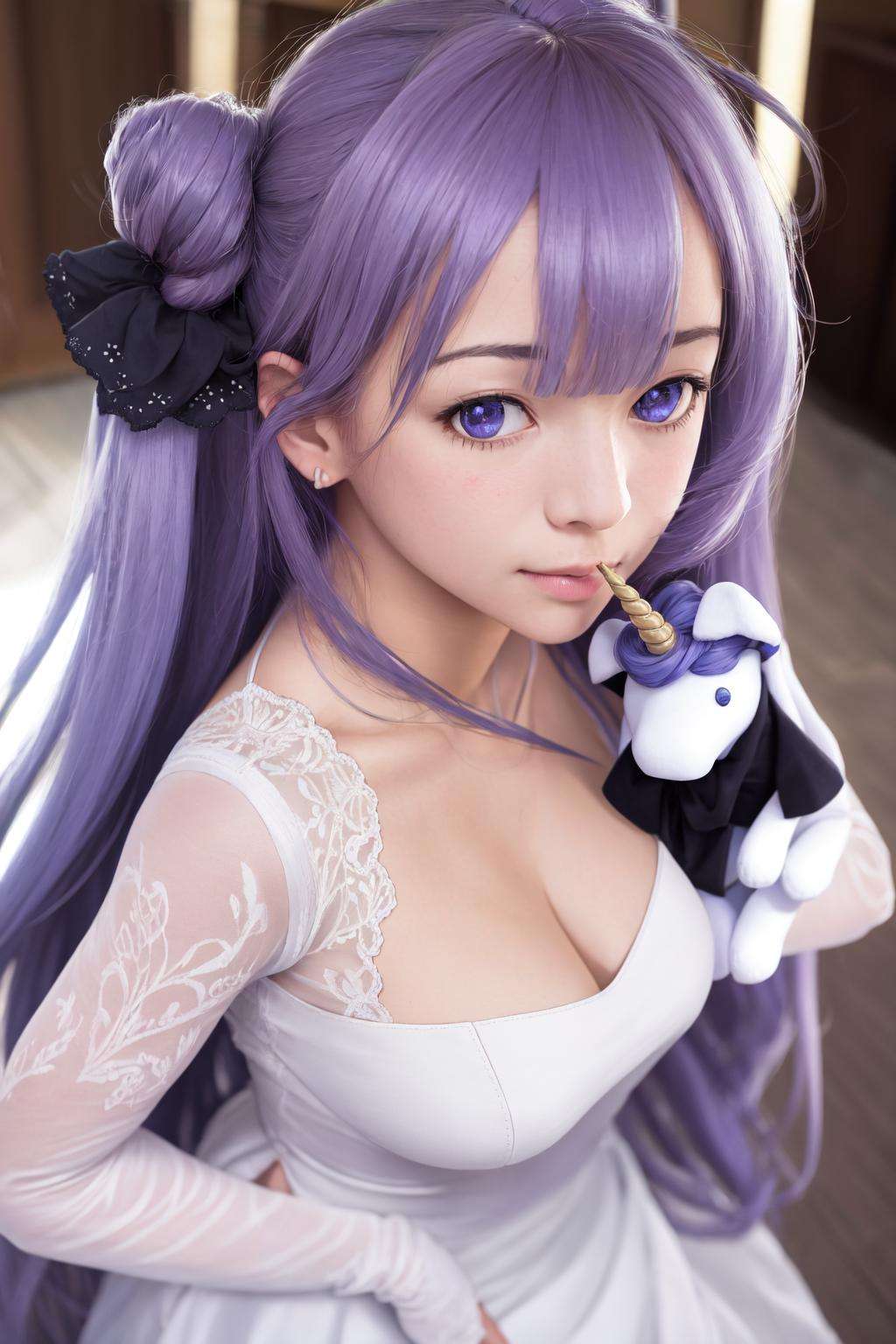 masterpiece, best quality, highres, 1girl, unicorn \(azur lane\), white dress <lora:unicorn:1> stuffed toy, object hug, (photorealistic:1.4)