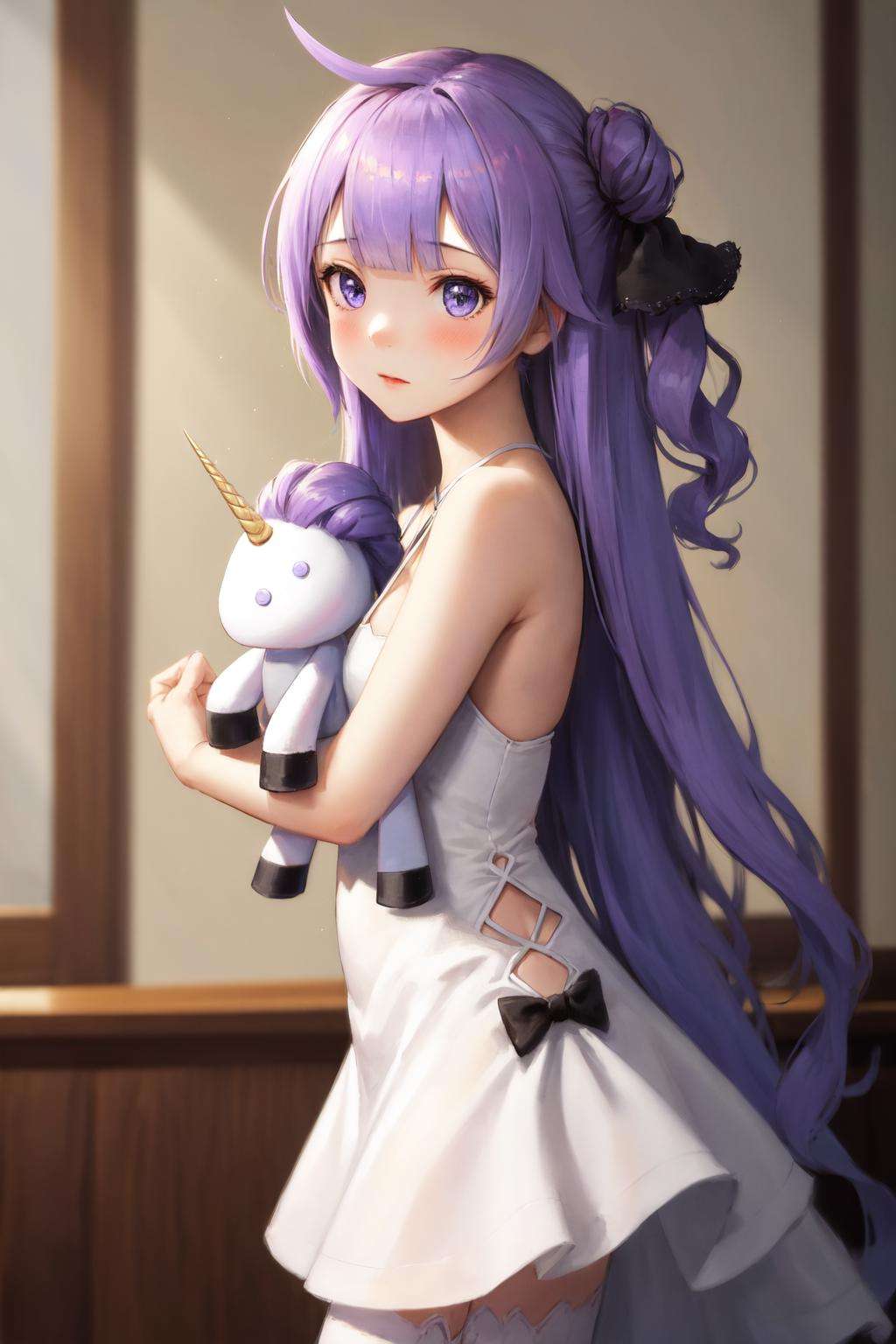 masterpiece, best quality, highres, 1girl, unicorn \(azur lane\), white dress <lora:unicorn:1> standing, from side, stuffed toy, object hug