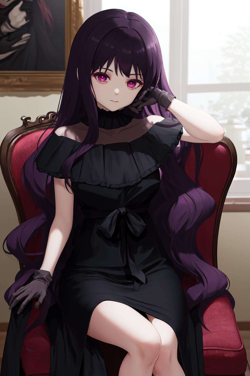 masterpiece, best quality, highres, 1girl tilty claret purple eyes, black choker black dress long dress black gloves black bow frills <lora:tilty_claret:1> sitting on chair, looking at viewer