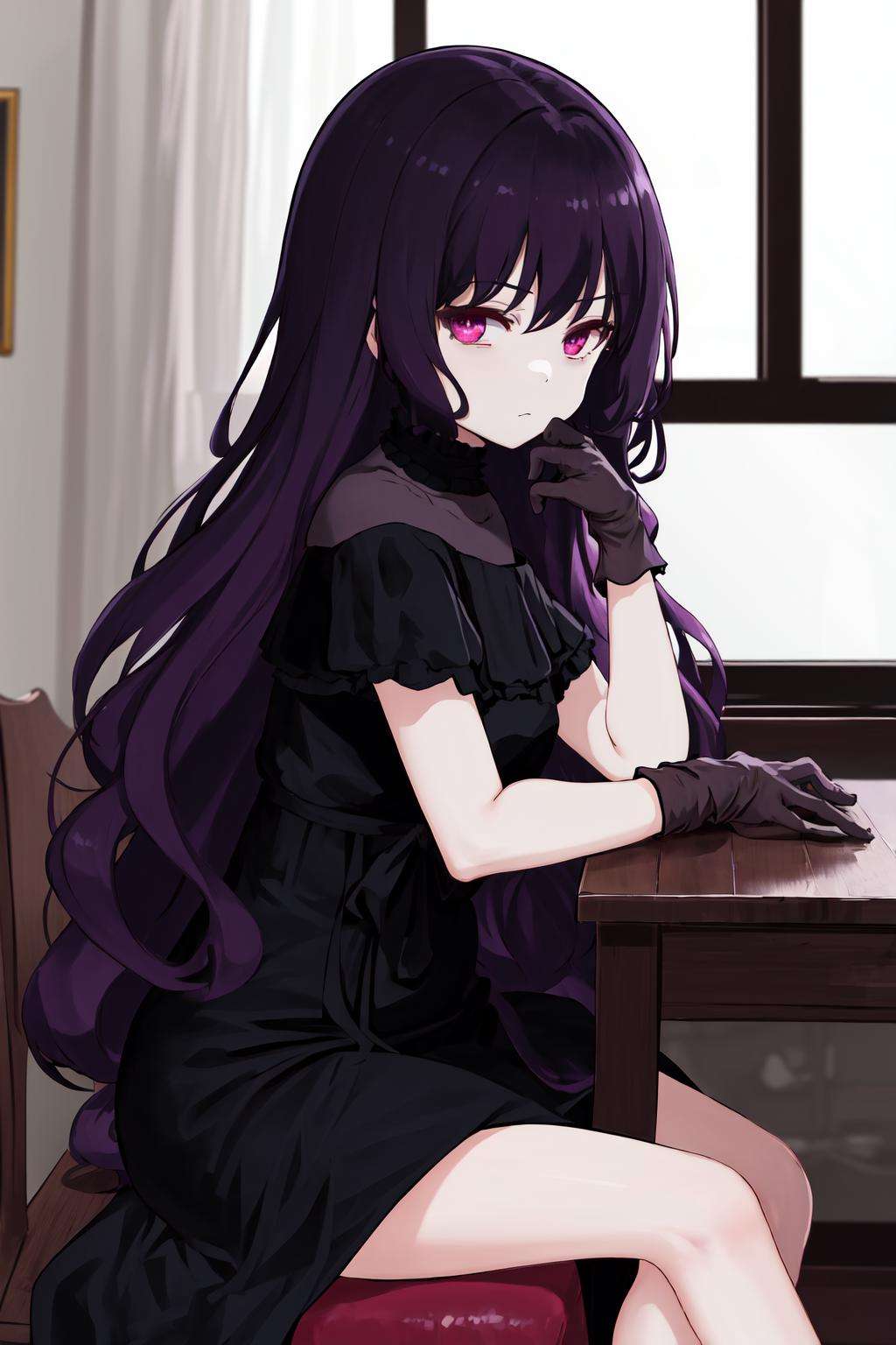 masterpiece, best quality, highres, 1girl tilty claret purple eyes, black choker black dress long dress black gloves black bow frills <lora:tilty_claret:1> sitting on chair, from side, looking at viewer