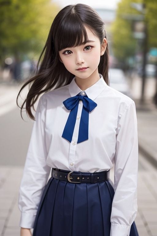 masutepiece, Best Quality, {Best Quality}, {{masutepiece}}, {hight resolution}, Illustration, 1girl in, Inoue Takina, Long hair, Bangs, Black hair, (Purple eyes:1.2), blush, Shirt, Long sleeves, Dress, bow ribbon, School uniform, White shirt, Collared shirt, Belt bag, Neck ribbon, Blue Dress, Green Ribbon, pleated dress, grey dress, two-tone dress, Blue belt, Lycoris Uniform, Looking at Viewer