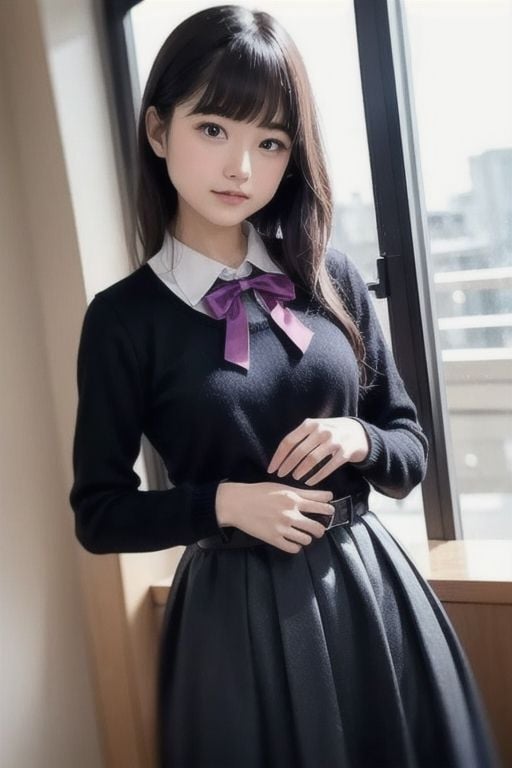 masutepiece, Best Quality, {Best Quality}, {{masutepiece}}, {hight resolution}, Illustration, 1girl in, Inoue Takina, Long hair, Bangs, Black hair, (Purple eyes:1.2), blush, Shirt, Long sleeves, Dress, bow ribbon, School uniform, White shirt, Collared shirt, Belt bag, Neck ribbon, Blue Dress, Green Ribbon, pleated dress, grey dress, two-tone dress, Blue belt, Lycoris Uniform, Looking at Viewer