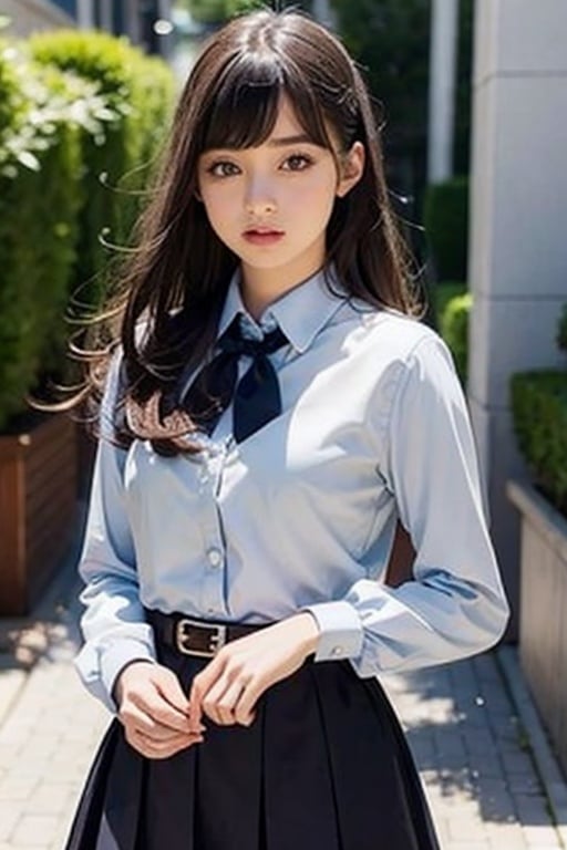 masutepiece, Best Quality, {Best Quality}, {{masutepiece}}, {hight resolution}, Illustration, 1girl in, Inoue Takina, Long hair, Bangs, Black hair, (Purple eyes:1.2), blush, Shirt, Long sleeves, Dress, bow ribbon, School uniform, White shirt, Collared shirt, Belt bag, Neck ribbon, Blue Dress, Green Ribbon, pleated dress, grey dress, two-tone dress, Blue belt, Lycoris Uniform, Looking at Viewer