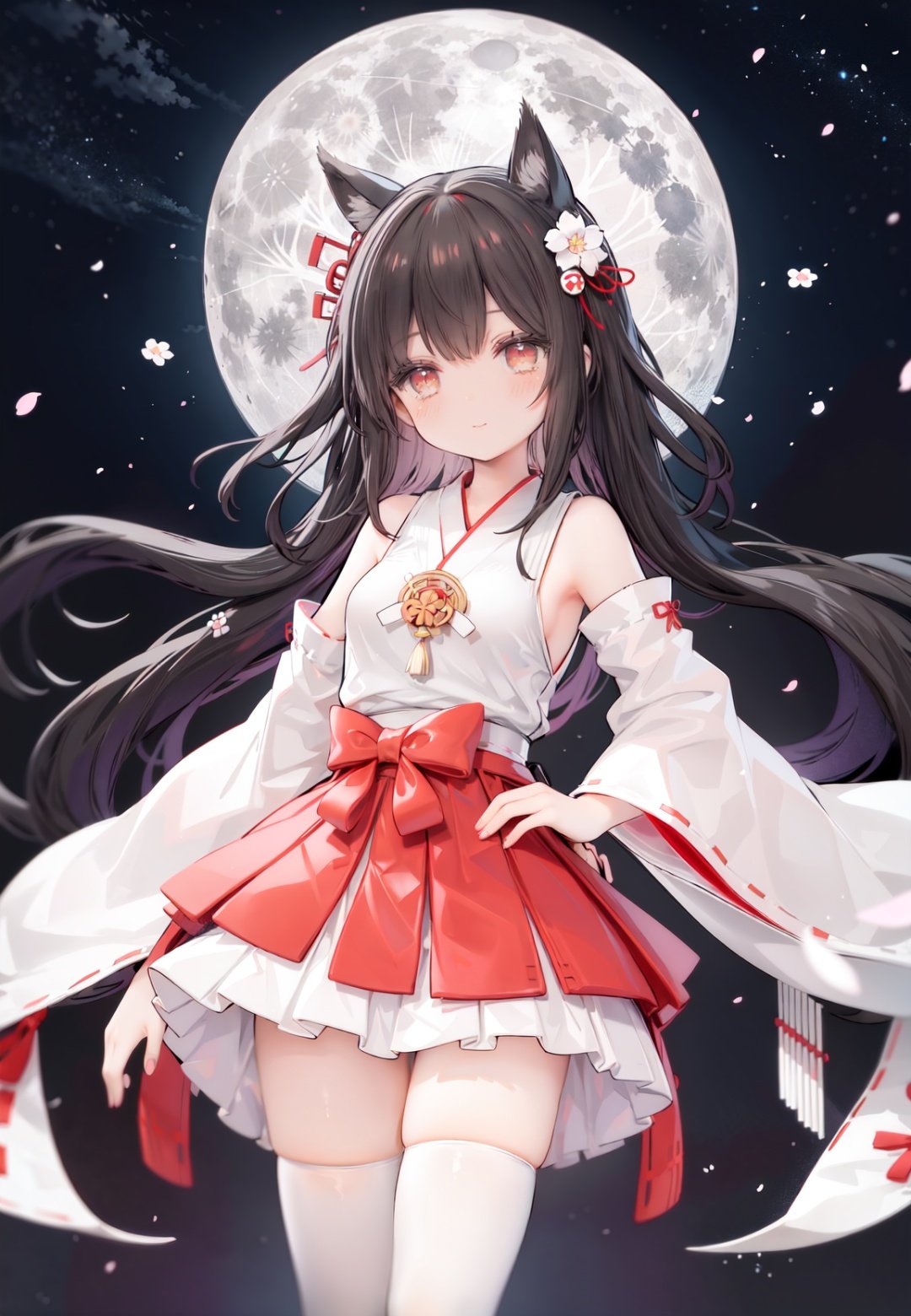 1girl, long hair, solo, thighhighs, black hair, hair ornament, moon, japanese clothes, skirt, detached sleeves, white thighhighs, miko, hakama short skirt, hair flower, very long hair, ribbon trim, ribbon-trimmed legwear, full moon, hakama skirt, hakama, brown eyes, outdoors, night, standing, looking at viewer, flower, hand on hip, tree, red skirt, sky, wide sleeves, smile, ribbon-trimmed sleeves, star (sky), fence, blush, bangs, zettai ryouiki, bare shoulders, night sky, red eyes, nontraditional miko, red hakama, thighs, closed mouth