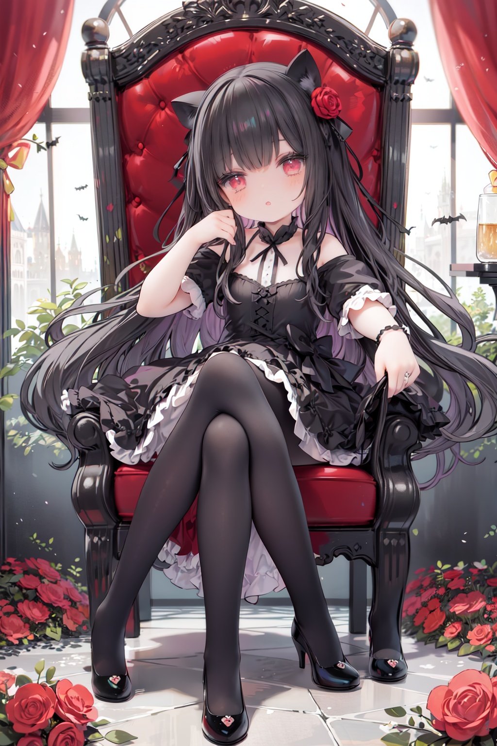 masterpiece, ((best quality)), (ultra-detailed), (illustration), an extremely delicate and beautiful girl, dynamic angle, chromatic aberration, ((colorful)),//,1girls,loli,(petite child:1.1),//,(in Gothic castle),girl with black hair,red eyes,Vertical pupil,long hair,hair arrangement,(Detailed face description),(batwing),(Gothic Lolita),(bat tail),alccandlestick,Cathedral glass,,short skirt,black pantyhose,red lace,high heels,rose tattoo,throne,sitting,crossed legs,//,