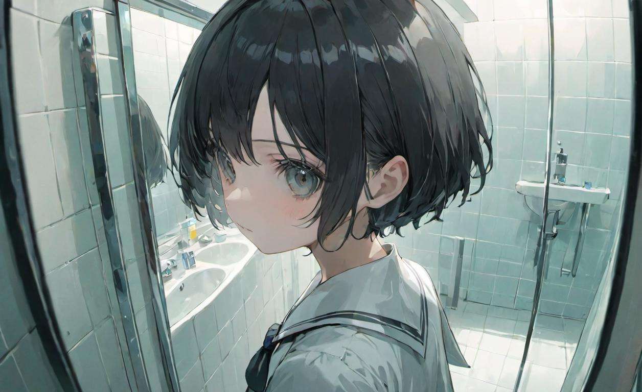 depth of field, fisheye lens, masterpiece, best quality, 1girl, solo,  bathroom, looking at mirror, reflection, short hair, black hair, grey eyes, white school uniform,  looking at viewer, upper body, short sleeves, neckerchief, hairclip