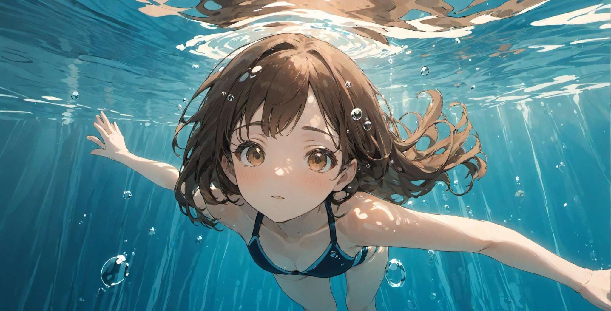 foreshortening,  depth of field, masterpiece, best quality, 1girl, brown hair, brown eyes,  long hair, underwater, air bubble, solo, looking at viewer, school swimsuit, swimming,  dappled sunlight, 