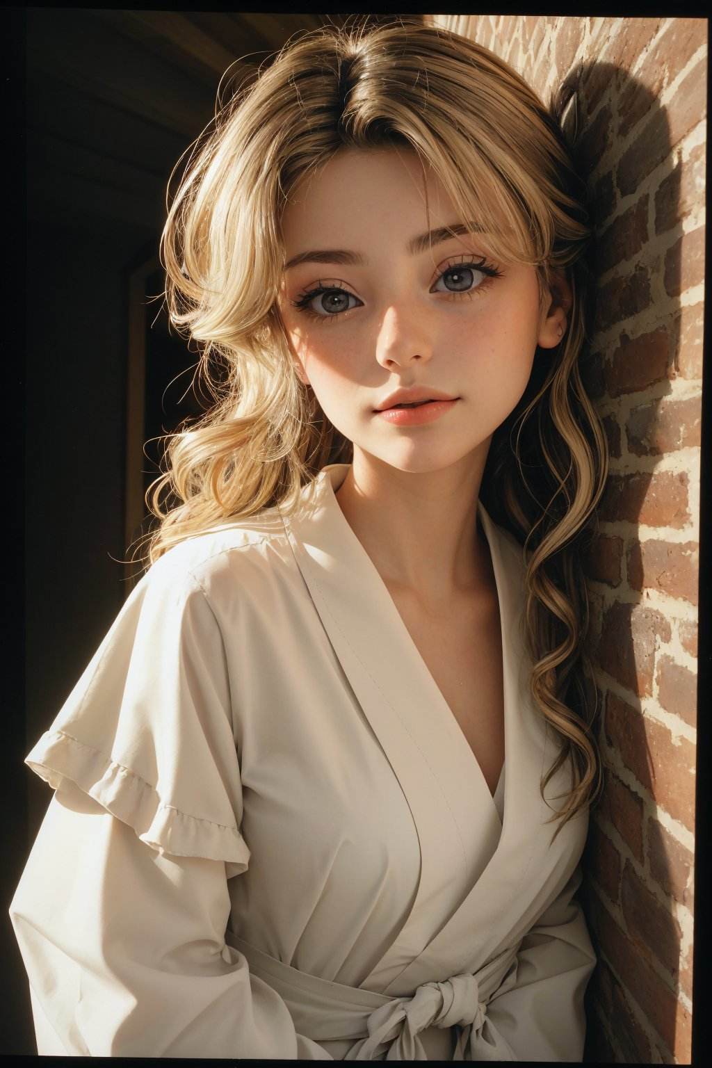 (eye level, closeup on face:1.2) photo of <lora:AnaisMariani_v9:0.9> AnaisMariani with dirty blonde hair with highlights, she is wearing layered kimono, she is wearing button badge, her hair is styled as pinned back hair, BREAK she is (in the cellar:1.1), radiant god rays, shot on Kodak Brownie, long exposure,Agfa Vista ,8mm fisheye lens ,