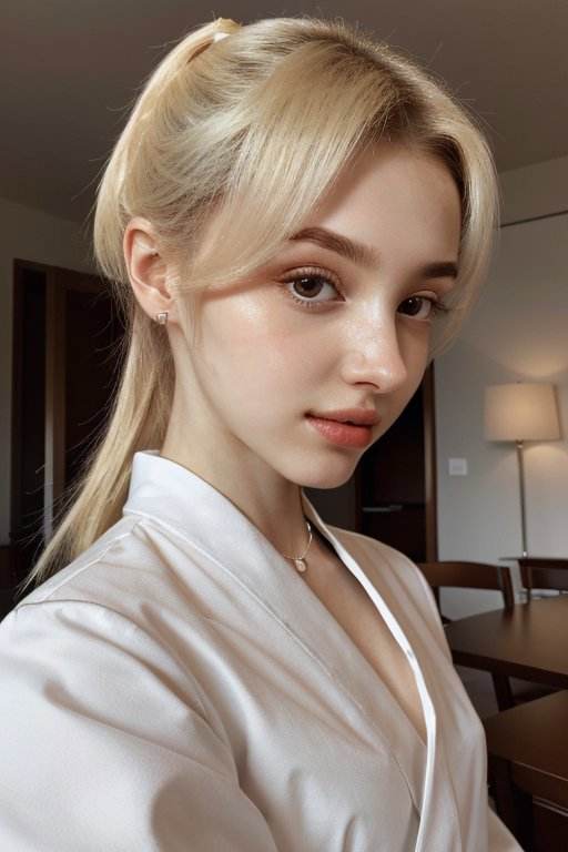 (high angle, close up on face:1.2) photo of <lora:ElinaKarimova_v3:.9> ElinaKarimova,        she is wearing hakama          ,        her hair is styled as wavy ponytail,        she is wearing armband,        BREAK she is (in the dining room:1.1),        chiaroscuro,