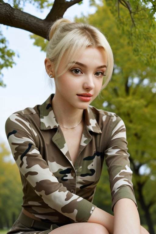 (high angle, head shot:1.2) photo of <lora:ElinaKarimova_v3:.9> ElinaKarimova,        she is wearing camouflage legskin ,        her hair is styled as upside down chignon,        she is wearing tassel,        BREAK she is (sitting under a tree:1.1),        candlelight,