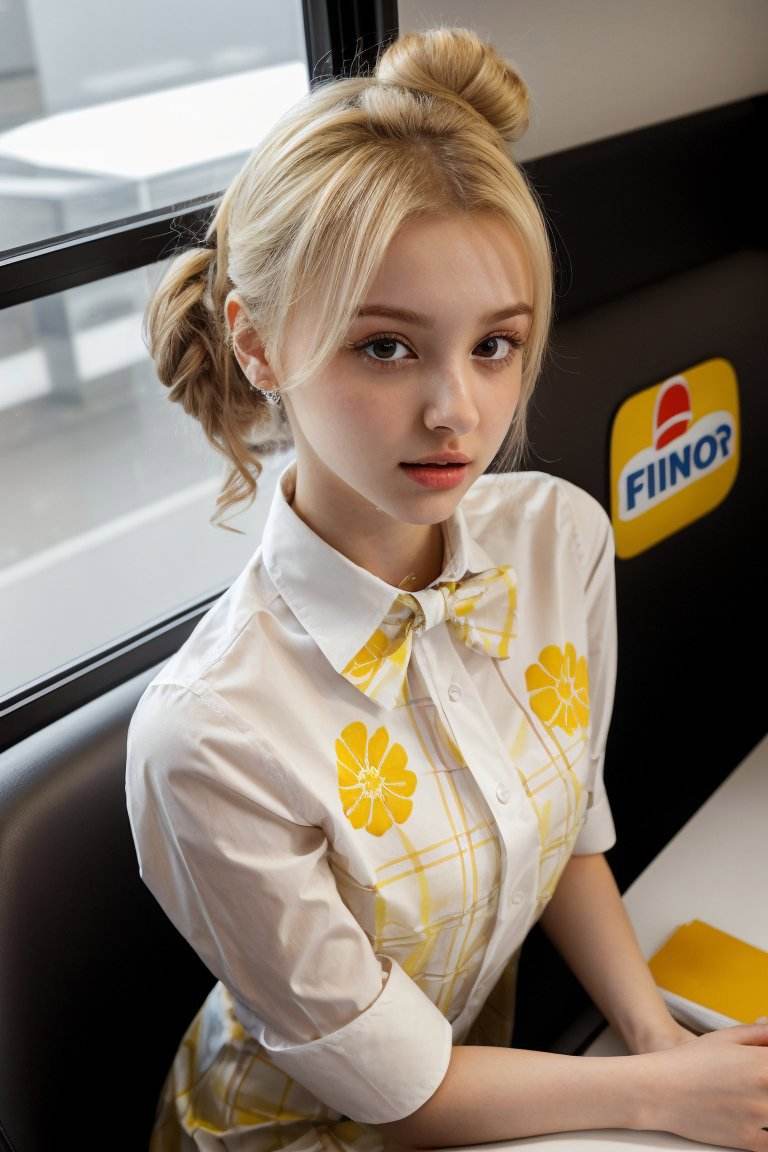 (from above, head shot:1.2) photo of   <lora:ElinaKarimova_v3:0.9> ElinaKarimova,        she is wearing  pants and lemon print dress shirt          ,        her hair is styled as Straight Messy Bun,        she is wearing bowtie,        BREAK she is (working at a fast food restaurant:1.1),        silhouetted against the bright sky,