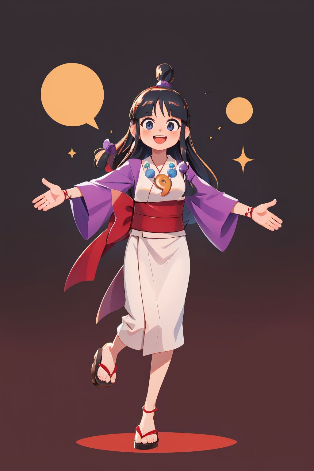 (masterpiece, best quality:1.2), solo, 1girl, maya fey, happy, smile, looking at viewer, outstretched arms, half updo, hair ornament, japanese clothes, kimono, sash, sandals, necklace, magatama <lora:aa_mayafey:1.0>