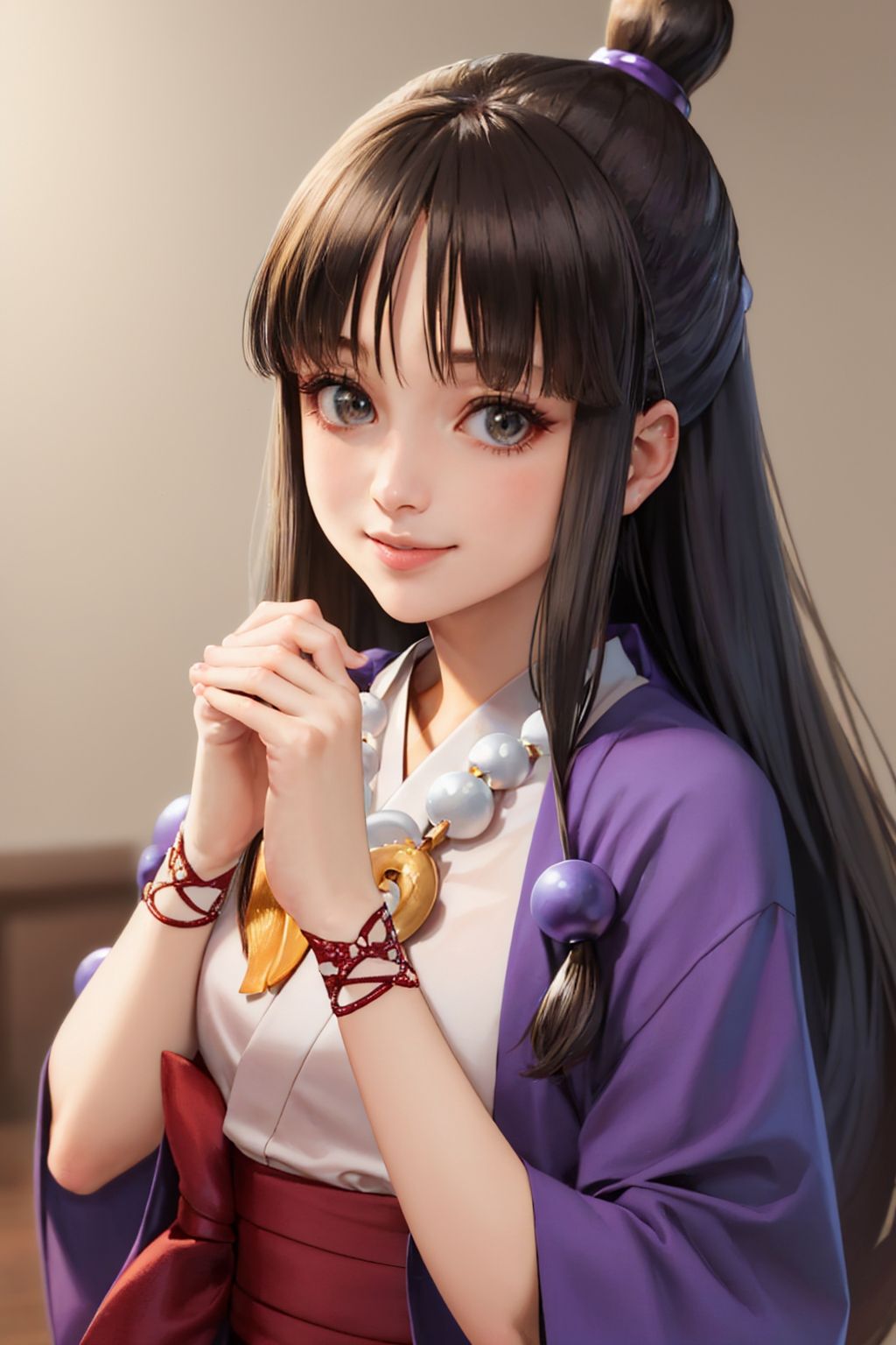 (masterpiece, best quality:1.2), solo, 1girl, maya fey, smile, looking at viewer, own hands together, half updo, hair ornament, japanese clothes, kimono, sash, necklace, magatama <lora:aa_mayafey:1.0>