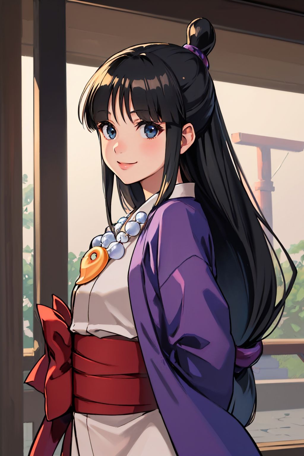 (masterpiece, best quality:1.2), solo, 1girl, maya fey, smile, looking at viewer, arms behind back, half updo, hair ornament, japanese clothes, kimono, sash, necklace, magatama <lora:aa_mayafey:1.0>