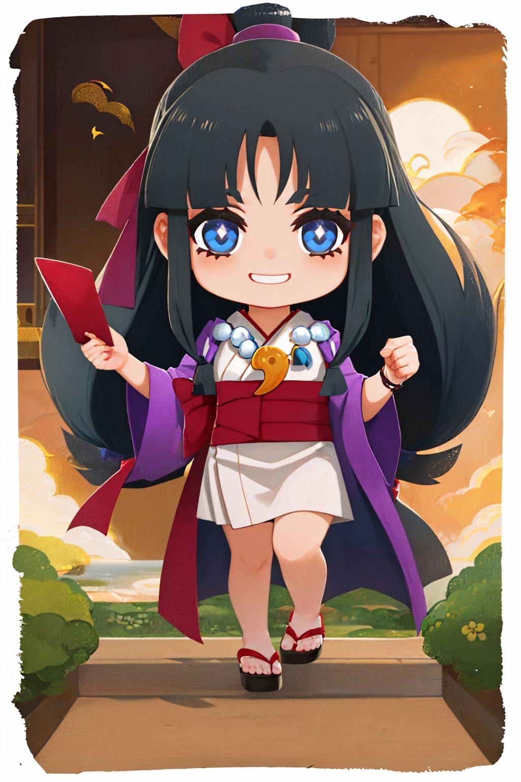 (masterpiece, best quality:1.2), chibi, border, solo, 1girl, maya fey, smile, looking at viewer, half updo, hair ornament, japanese clothes, kimono, sash, sandals, necklace, magatama <lyco:style_onmyoji-20:1.0> <lora:aa_mayafey:0.9>