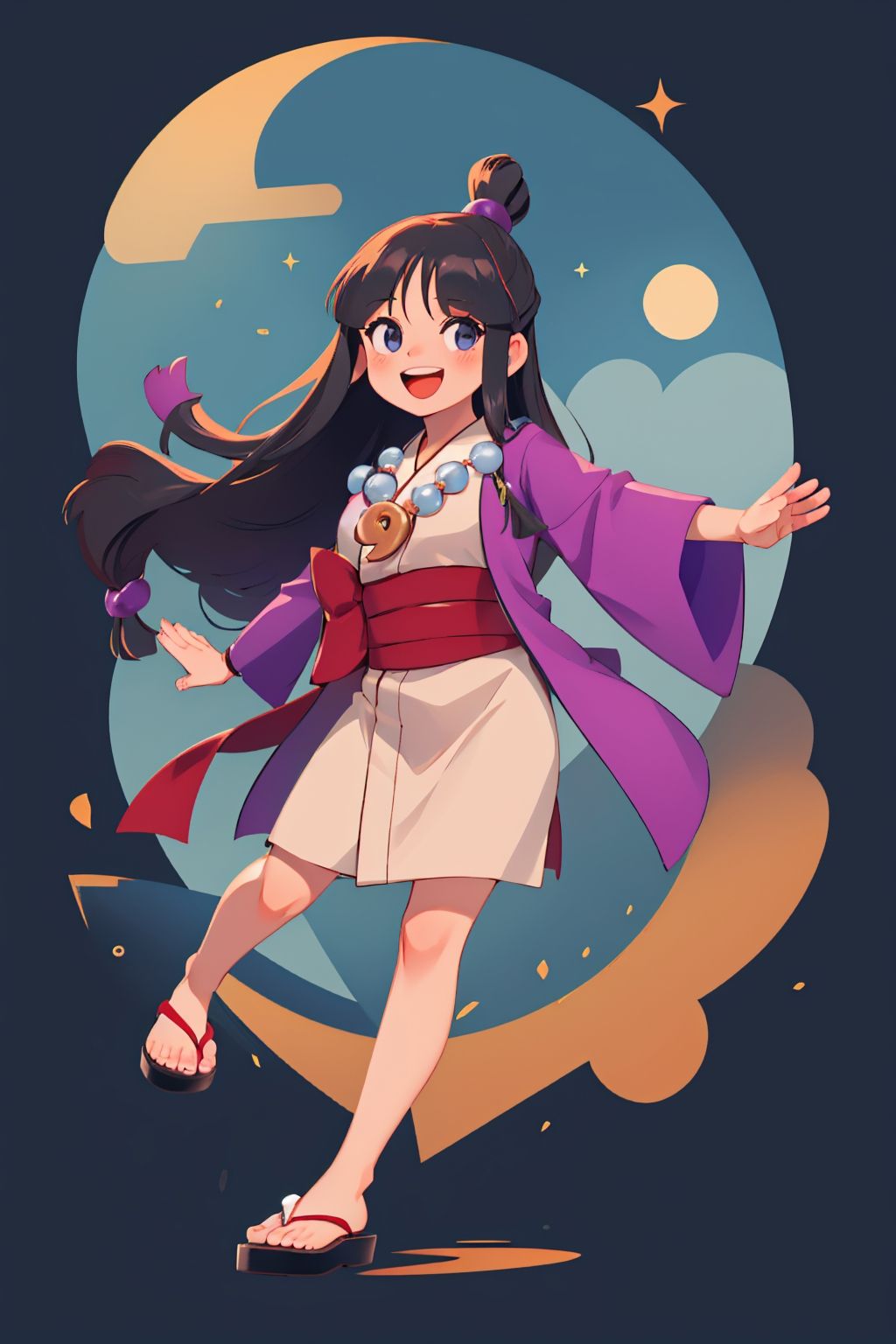 (masterpiece, best quality:1.2), solo, 1girl, maya fey, happy, smile, looking at viewer, outstretched arms, half updo, hair ornament, japanese clothes, kimono, sash, sandals, necklace, magatama <lora:aa_mayafey:1.0>