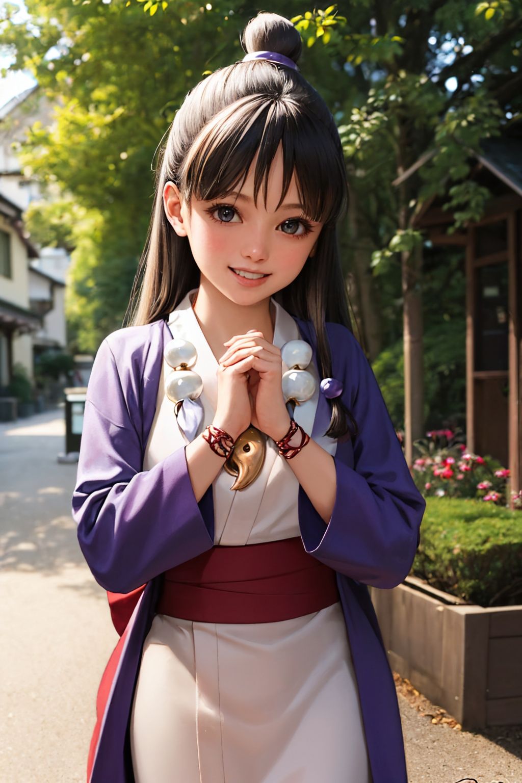 (masterpiece, best quality:1.2), solo, 1girl, maya fey, smile, looking at viewer, own hands together, half updo, hair ornament, japanese clothes, kimono, sash, necklace, magatama <lora:aa_mayafey:1.0>