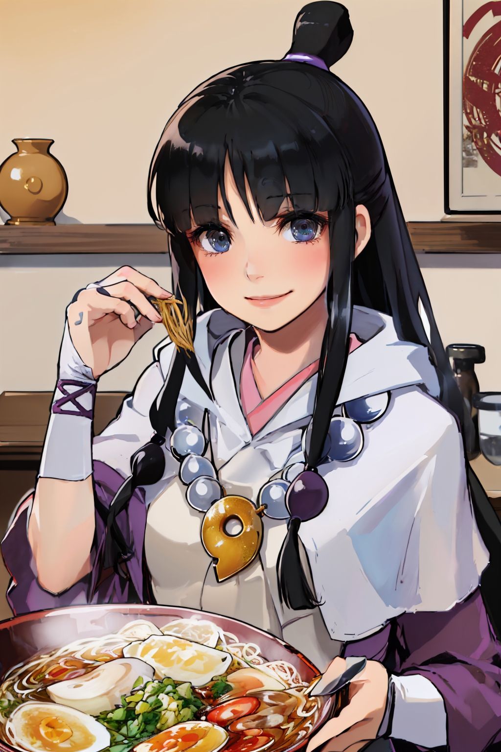 (masterpiece, best quality:1.2), upper body, solo, 1girl, sojmaya, smile, looking at viewer, half updo, hair ornament, japanese clothes, kimono, necklace, magatama, indoors, ramen bowl <lora:aa_soj_mayafey:1.0>