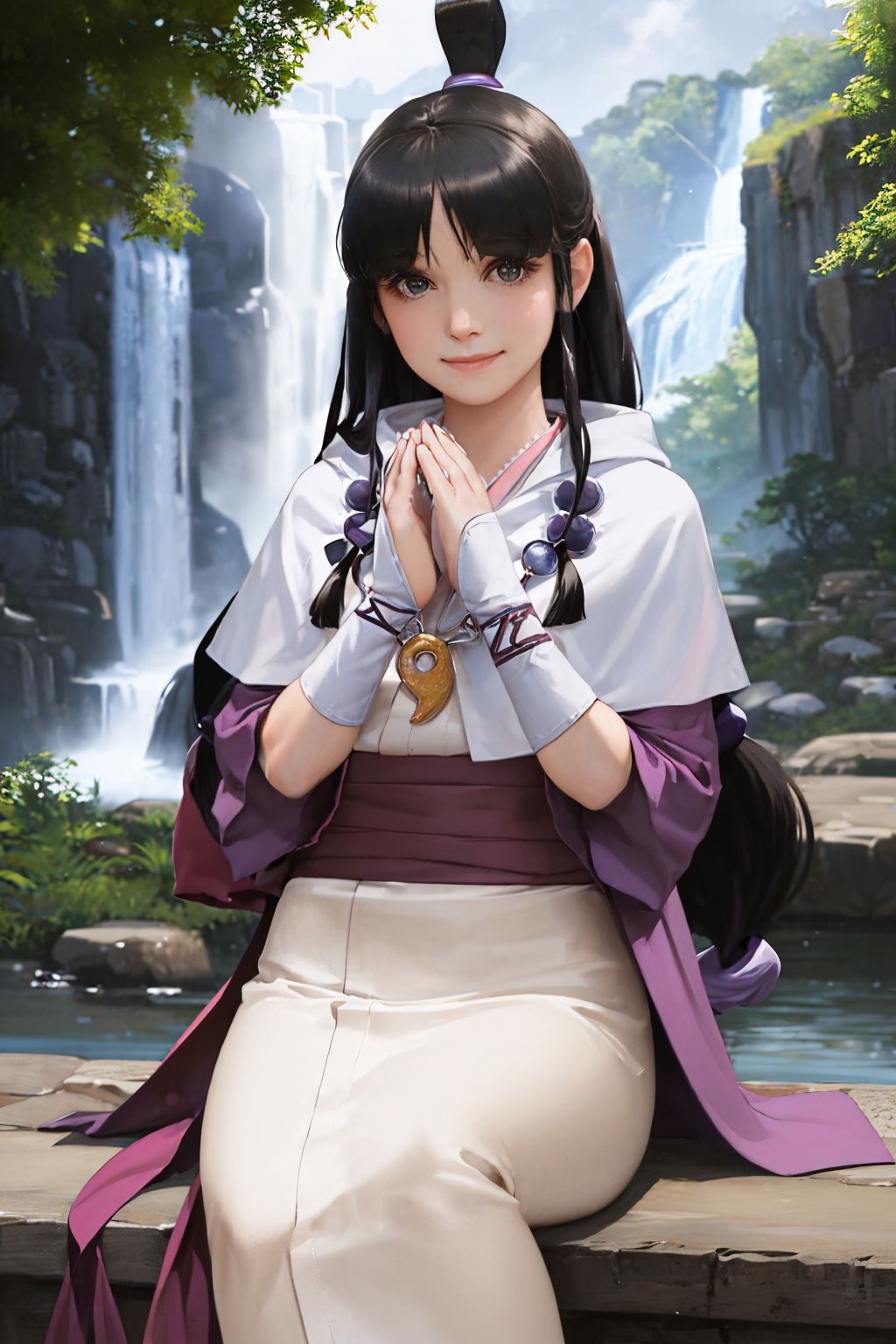 (masterpiece, best quality:1.2), solo, 1girl, sojmaya, smile, looking at viewer, own hands together, half updo, hair ornament, japanese clothes, kimono, necklace, magatama, waterfall <lora:aa_soj_mayafey:1.0>