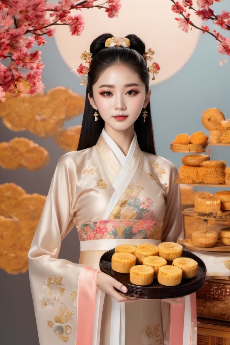 (masterpiece,best quality, ultra realistic,32k,RAW photo,detail skin, 8k uhd, dslr,high quality, film grain:1.5), Mid-Autumn Festival, wearing traditional Mid-Autumn Festival costumes holding moon cakes, midautumn_fes