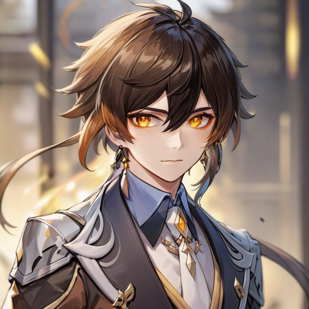 zhongli, male focus, solo, zhongli (genshin impact), 1boy, long hair, gloves, jewelry, brown hair, black gloves, earrings, bangs, single earring, long sleeves, necktie, hair between eyes, multicolored hair, tassel, collared shirt, ponytail, shirt, thumb ring, jacket, formal, tassel earrings, blurry background, looking at viewer, yellow eyes, closed mouth, pants, suit, blurry, gradient hair, polearm, makeup, black hair, eyeliner, white necktie, holding