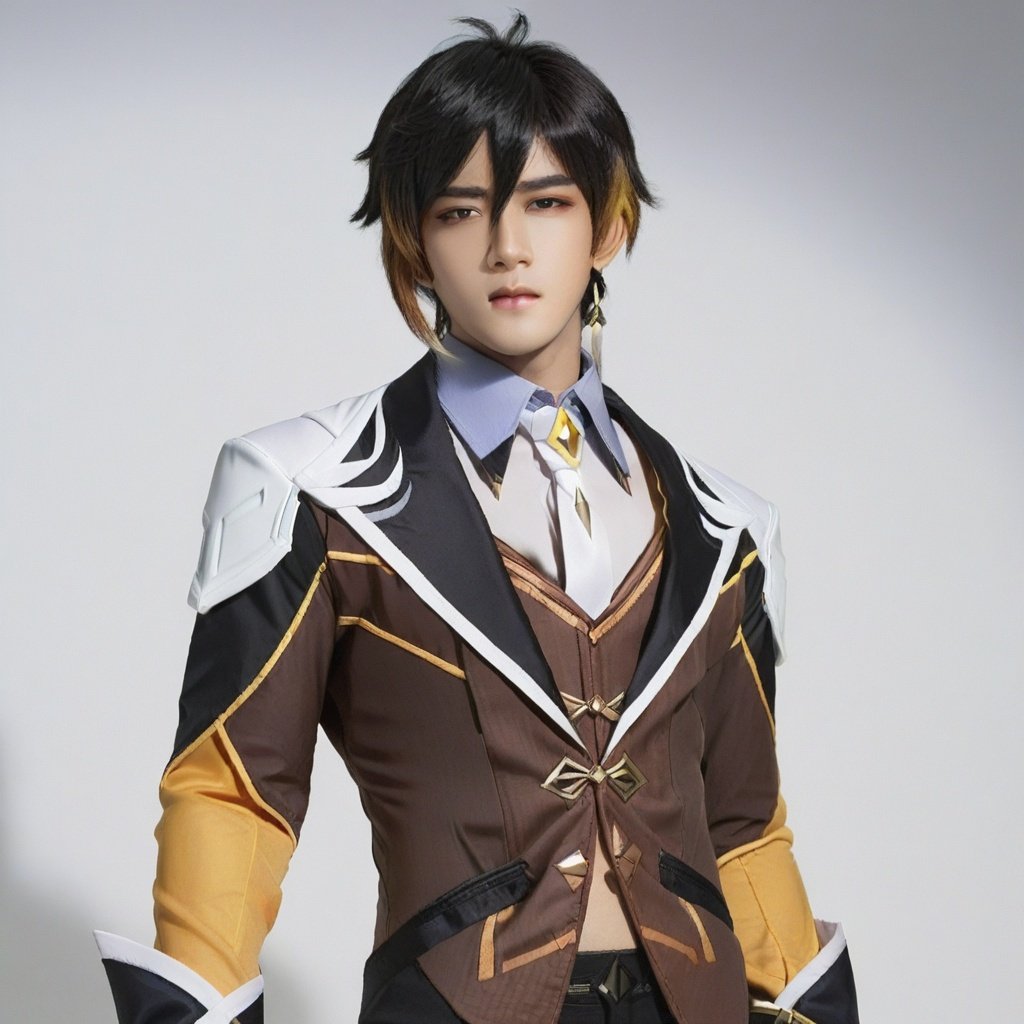 zhongli, male focus, solo, zhongli (genshin impact), 1boy, long hair, gloves, jewelry, brown hair, black gloves, earrings, bangs, single earring, long sleeves, necktie, hair between eyes, multicolored hair, tassel, collared shirt, ponytail, shirt, thumb ring, jacket, formal, tassel earrings, blurry background, looking at viewer, yellow eyes, closed mouth, pants, suit, blurry, gradient hair, polearm, makeup, black hair, eyeliner, white necktie, holding,MenEro