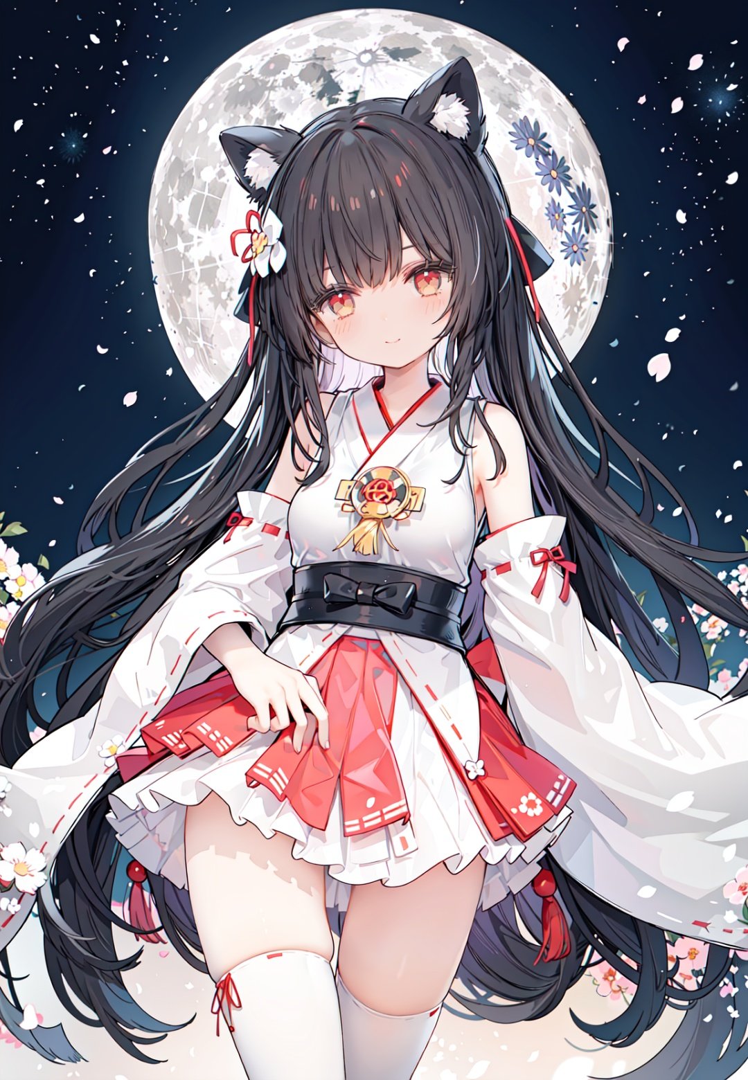 1girl, long hair, solo, thighhighs, black hair, hair ornament, moon, japanese clothes, skirt, detached sleeves, white thighhighs, miko, hakama short skirt, hair flower, very long hair, ribbon trim, ribbon-trimmed legwear, full moon, hakama skirt, hakama, brown eyes, outdoors, night, standing, looking at viewer, flower, hand on hip, tree, red skirt, sky, wide sleeves, smile, ribbon-trimmed sleeves, star (sky), fence, blush, bangs, zettai ryouiki, bare shoulders, night sky, red eyes, nontraditional miko, red hakama, thighs, closed mouth