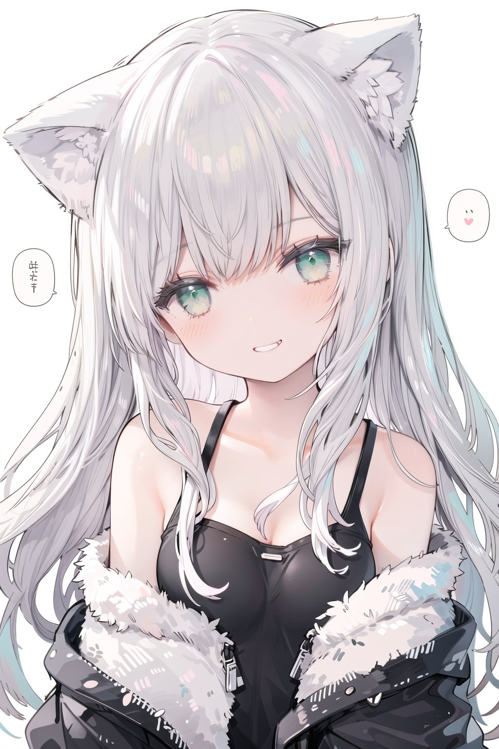 1girl, solo, green eyes, smile, long hair, cat ears, looking at viewer, animal ears, white background, simple background, bangs, silver hair, upper body, speech bubble, jacket, black jacket, head tilt, bare shoulders, eyebrows visible through hair, off shoulder, half-closed eyes, grin, arm up, collarbone
reflection light,