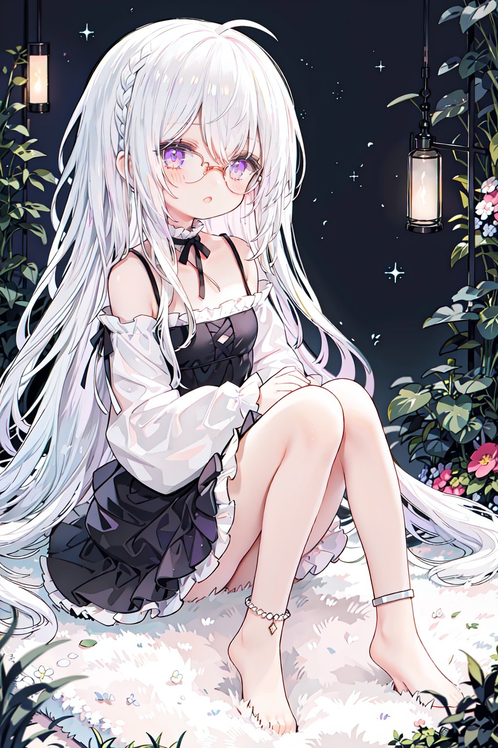 //,masterpiece, ((best quality)), (ultra-detailed), (illustration), an extremely delicate and beautiful, dynamic angle, chromatic aberration,((Medium shot)), ((colorful)),//,1girl,little girl,1girl,loli,petite,loli,looking away,Black rimmed glasses,dress,Constellation print,anklet,barefoot,sitting,(white hair:1.3),(long hair:1.3),ahoge,purple eyes,open mouth,(Dim light),classical,library, plant, Oil lamp,