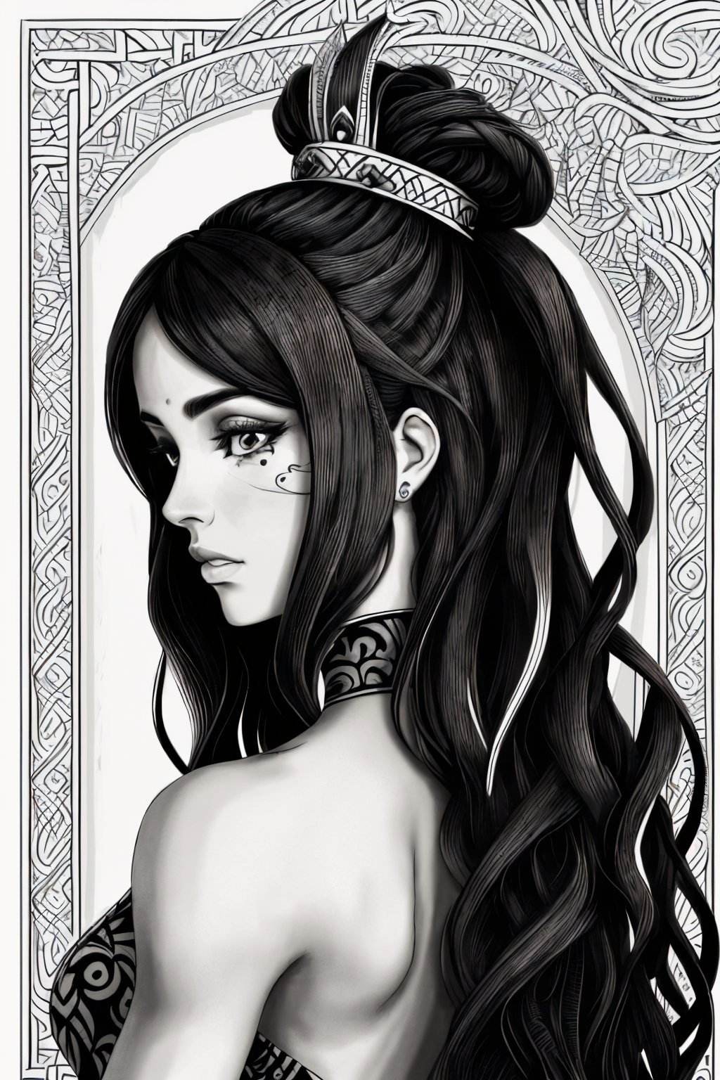 (zentangle style, patterned, intricate, detailed, black and white:1.2) portrait <lora:GiusyMeloni_v1:.9> GiusyMeloni , focus on face, from behind,2:: wearing cosplay clothing , her hair is styled as volume at the crown,