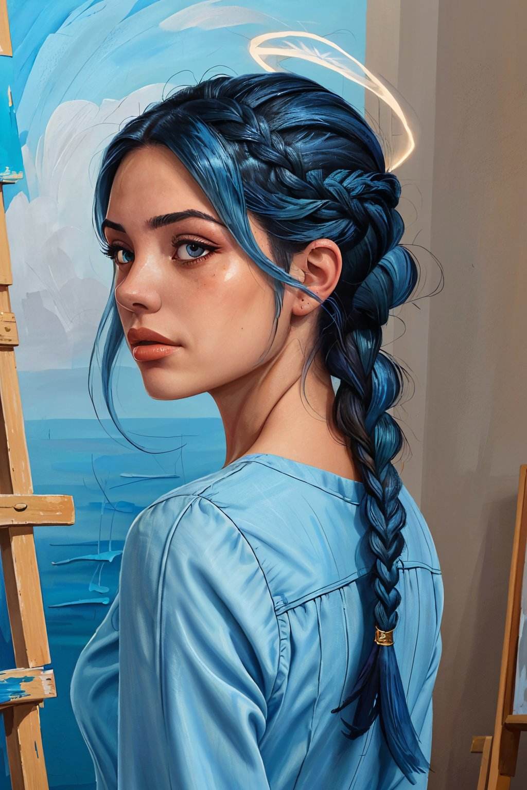 (expressionist painting, emotional, vibrant, brush strokes, highly detailed:1.2) headshot <lora:GiusyMeloni_v1:.9> GiusyMeloni , focus on face, from behind,2:: wearing conservative clothing , her pale blue color hair is styled as fishtail halo braid,