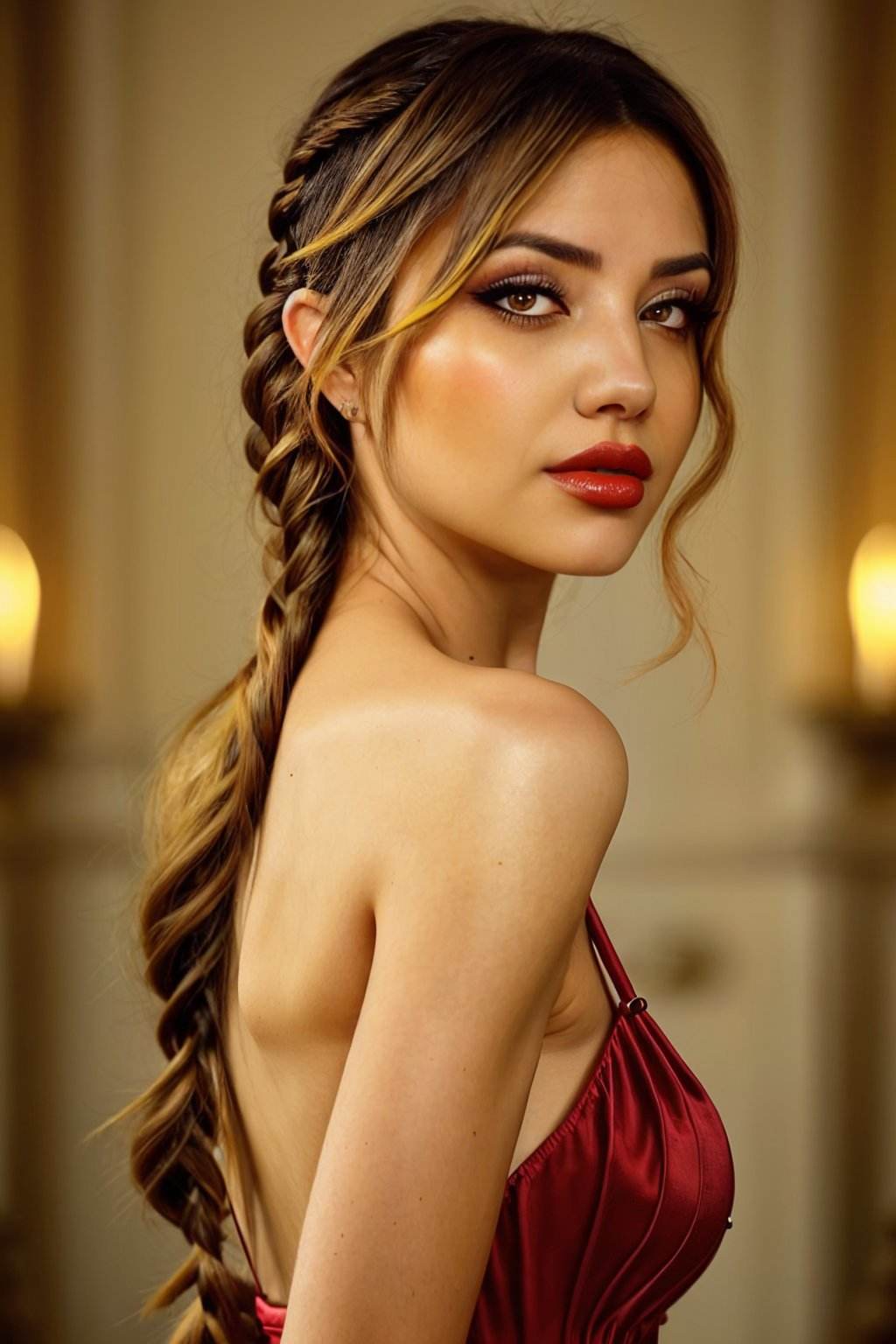 headshot <lora:GiusyMeloni_v1:.9> GiusyMeloni wearing cat eye makeup and lipstick, focus on face, from behind,2:: wearing an elegant evening gown , her color canary hair is styled as Straight Dutch Braid,