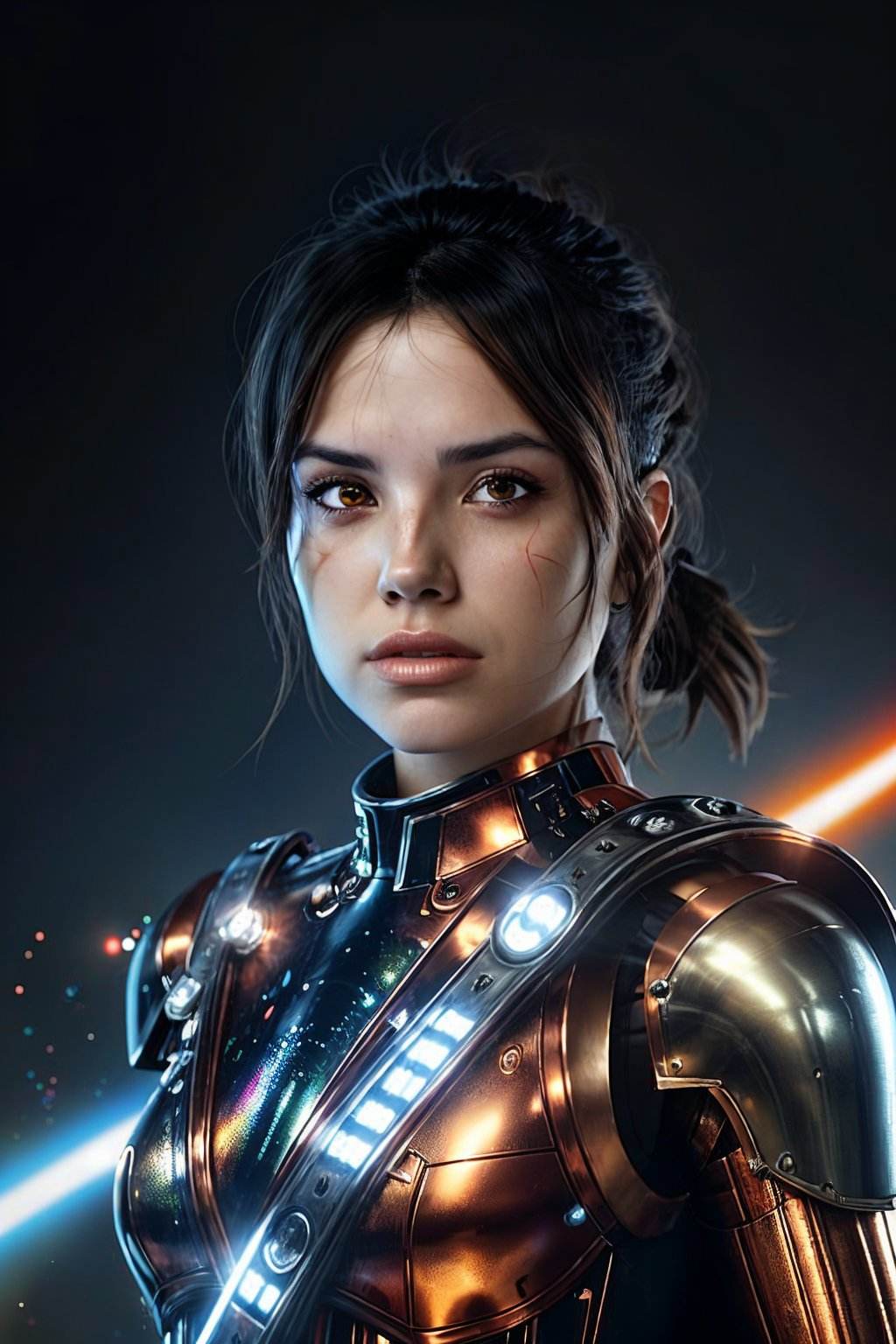 <lora:GiusyMeloni_v1:.9> GiusyMeloni Style-GravityMagic, cyborg portrait, (bloody scars:0.7), looking at viewer, solo, half shot, detailed background, close up, detailed face, (starwars theme:1.1), futuristic glowing copper armor, light mobile armor, striped pattern, cape, rivets, microchips, advanced technology, bionics, (open helmet:0.6), dynamic pose, epic space station in background, blue lights, lens flare, lasers, sparks, electricity, screens, hologram, cinematic atmosphere,