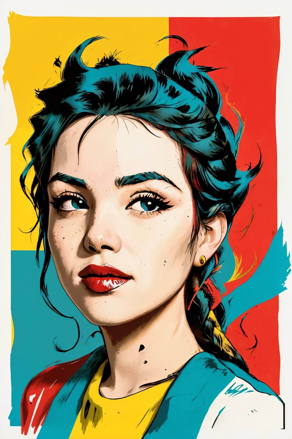 (silkscreen style, bold colors, flat, pop art, Warhol inspired:1.2) <lora:GiusyMeloni_v1:.9> GiusyMeloni , focus on eyes, close up on face, wearing jewelry, hair styled messy fishtail braid