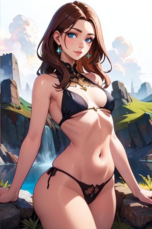 seductive 30-year-old woman with long brown hair gathered and blue eyes with small breasts and model body,  atmospheric,...