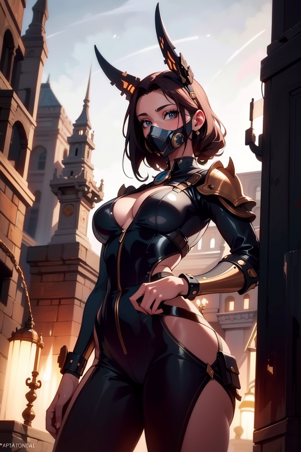 armed female figure in a copper steampunk suit (tight jumpsuit),  at the spaceport,  against the background of a steampunk...