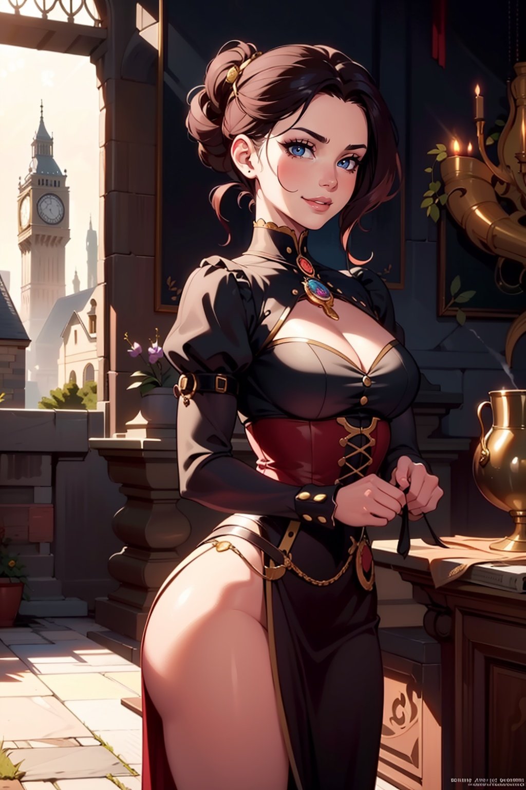 a confident and daring woman dressed in a Victorian-inspired steampunk outfit,  complete with a leather corset,  ruffled b...