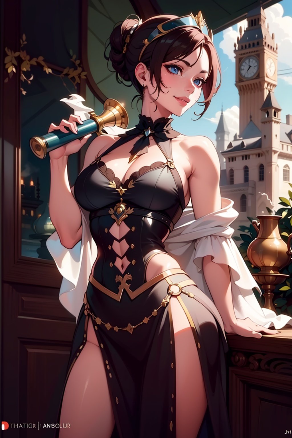 a confident and daring woman dressed in a Victorian-inspired steampunk outfit,  complete with a leather corset,  ruffled b...