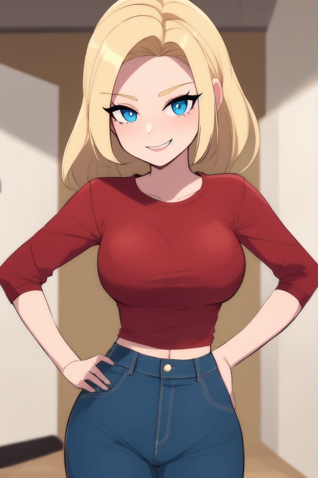 blonde, blue pants, red shirt,(cartoon),1girl