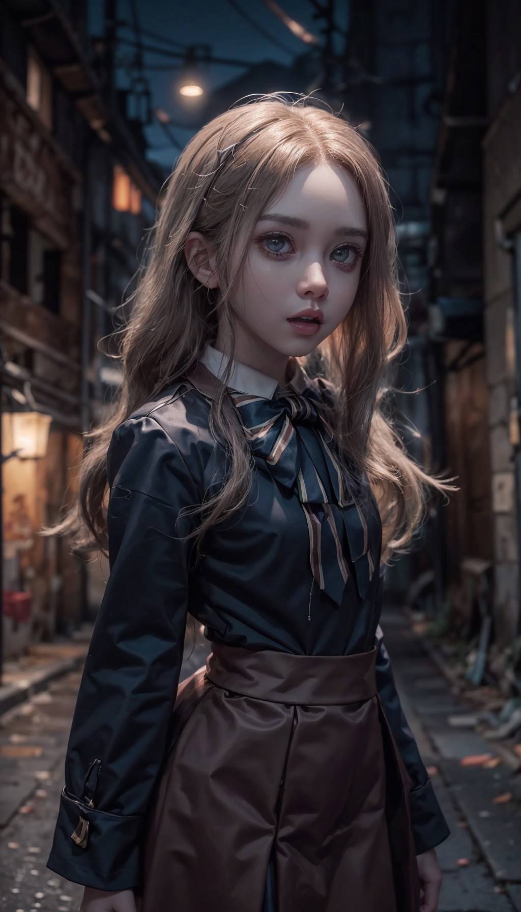 <lora:M3GEN:0.65>(looking at viewer),(cowboy shot dynamic pose:1.22),M3GEN/(Robot Girl/), 1girl, solo, long hair, blonde hair, realistic, blurry, grey eyes, bow, photo inset, upper body, bowtie, parted lips, ribbon, lips,detailed shiny skin,perfect and very white teeth,Ultra-fine facial detail,eyelashes,Glossy pink lips,(detailed The dark and terrifying alleys background:1.4),outdoors,(night:1.33),