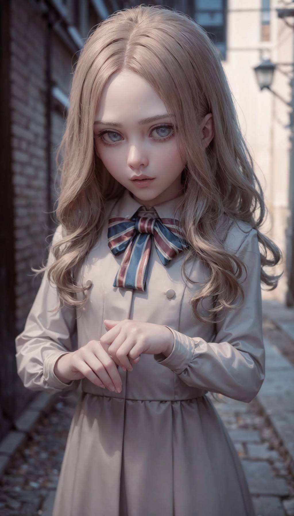 <lora:M3GEN:0.65>,(looking at viewer),(cowboy shot dynamic pose:1.22),M3GEN/(Robot Girl/), 1girl, solo, long hair, blonde hair, realistic, blurry, grey eyes, bow, photo inset, upper body, bowtie, parted lips, ribbon, lips,detailed shiny skin,perfect and very white teeth,finely detailed beautiful eyes,Ultra-fine facial detail,eyelashes,Glossy pink lips,(detailed The dark and terrifying alleys background:1.4),outdoors,(day:1.33),depth of field,intricate,elegant,highly detailed,digital photography,masterpiece,hdr,<lora:LASER-V2:0.35>,