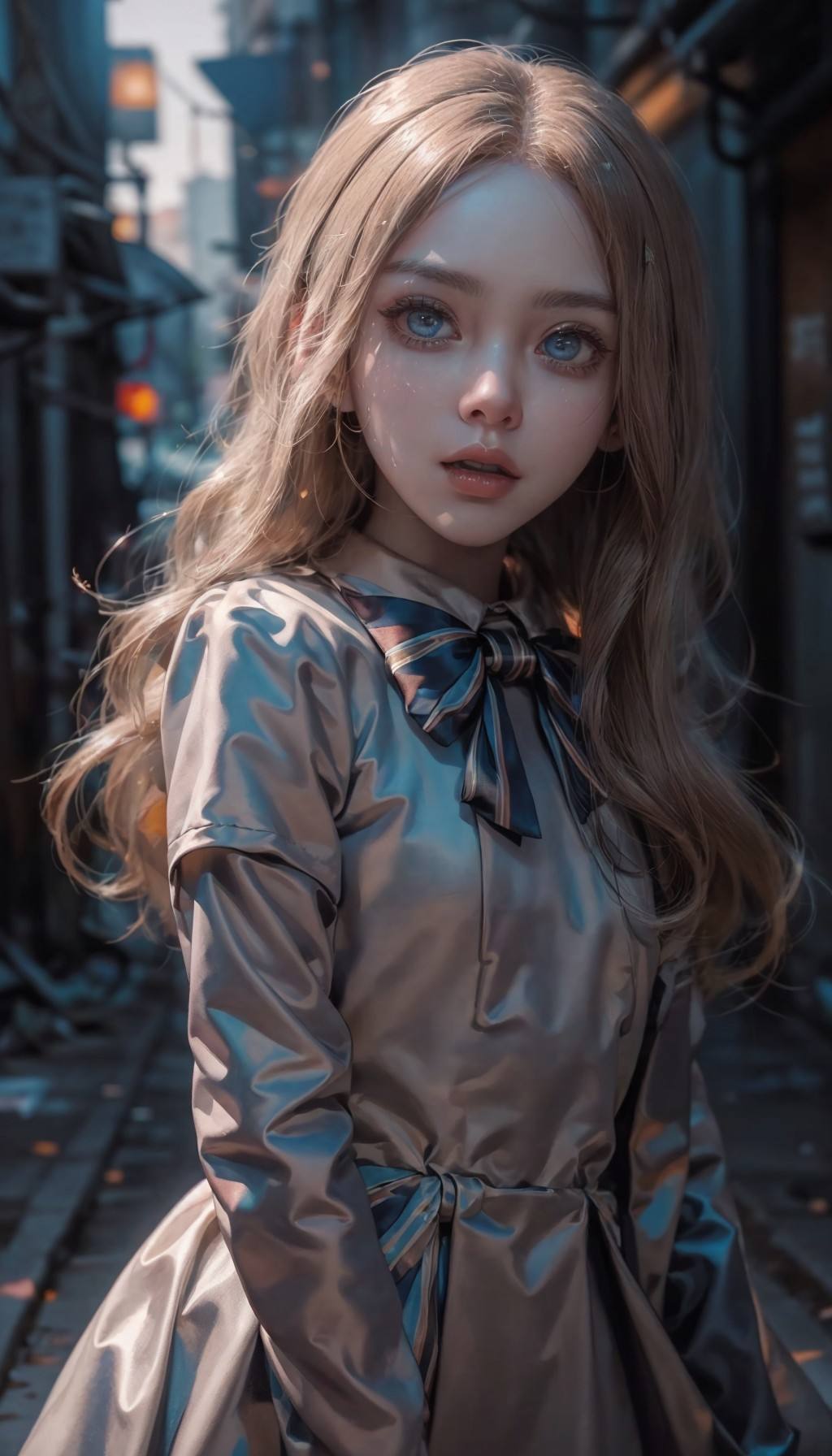 <lora:M3GEN:0.65>(looking at viewer),(cowboy shot dynamic pose:1.22),M3GEN/(Robot Girl/), 1girl, solo, long hair, blonde hair, realistic, blurry, grey eyes, bow, photo inset, upper body, bowtie, parted lips, ribbon, lips,detailed shiny skin,perfect and very white teeth,finely detailed beautiful eyes,Ultra-fine facial detail,eyelashes,Glossy pink lips,(detailed The dark and terrifying alleys background:1.4),outdoors,(day:1.33),depth of field,intricate,elegant,highly detailed,digital photography,masterpiece,hdr,<lora:LASER-V2:0.35>,