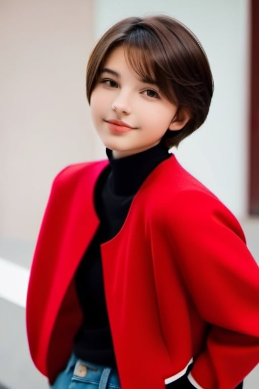 Ajmr woman, brown short hair, cute, pretty, rounded cheeks, 13 yo