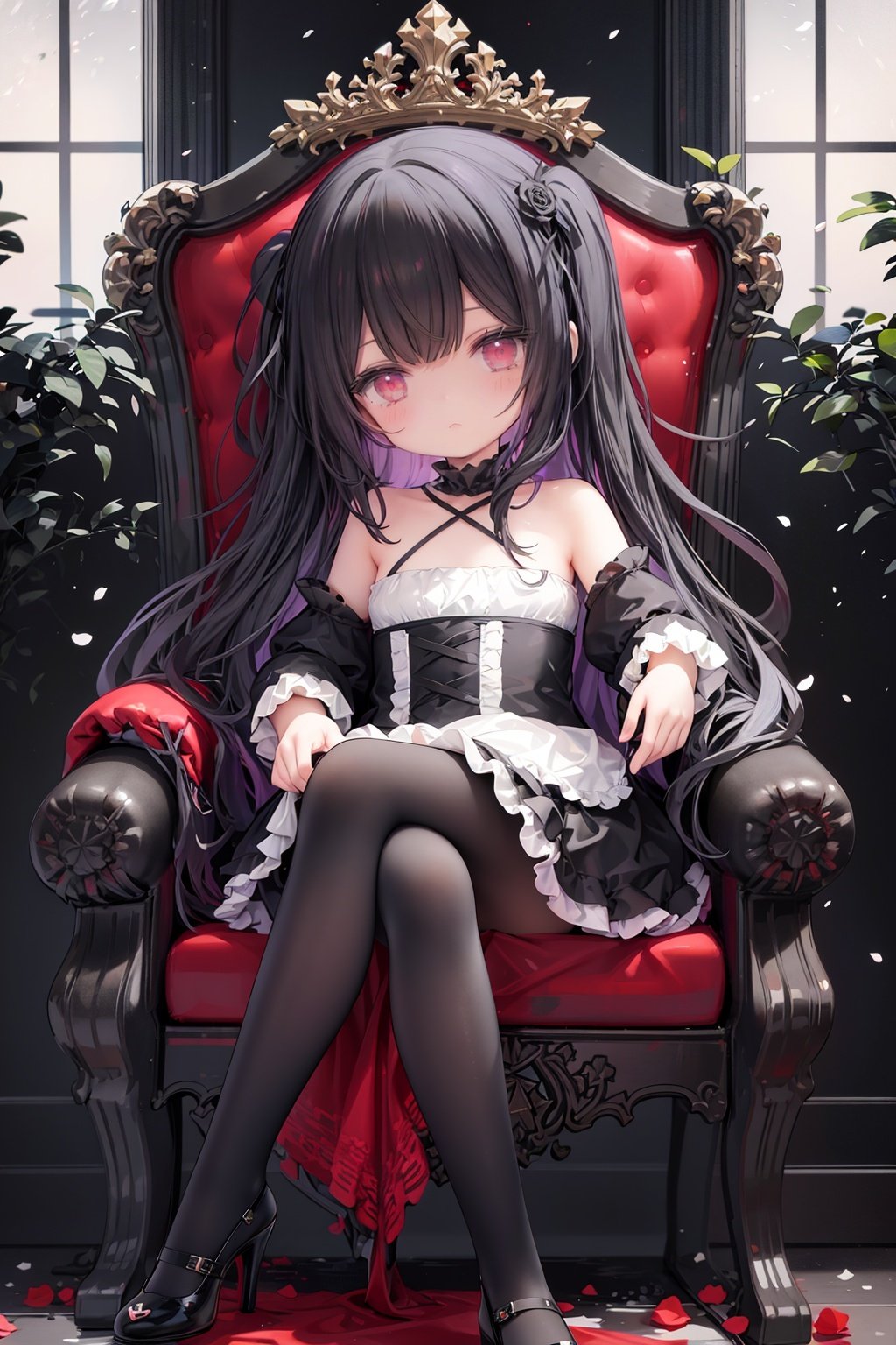 masterpiece, ((best quality)), (ultra-detailed), (illustration), an extremely delicate and beautiful girl, dynamic angle, chromatic aberration, ((colorful)),//,1girls,loli,(petite child:1.1),//,(in Gothic castle),girl with black hair,red eyes,Vertical pupil,long hair,hair arrangement,(Detailed face description),(batwing),(Gothic Lolita),(bat tail),alccandlestick,Cathedral glass,,short skirt,black pantyhose,red lace,high heels,rose tattoo,throne,sitting,crossed legs,//,