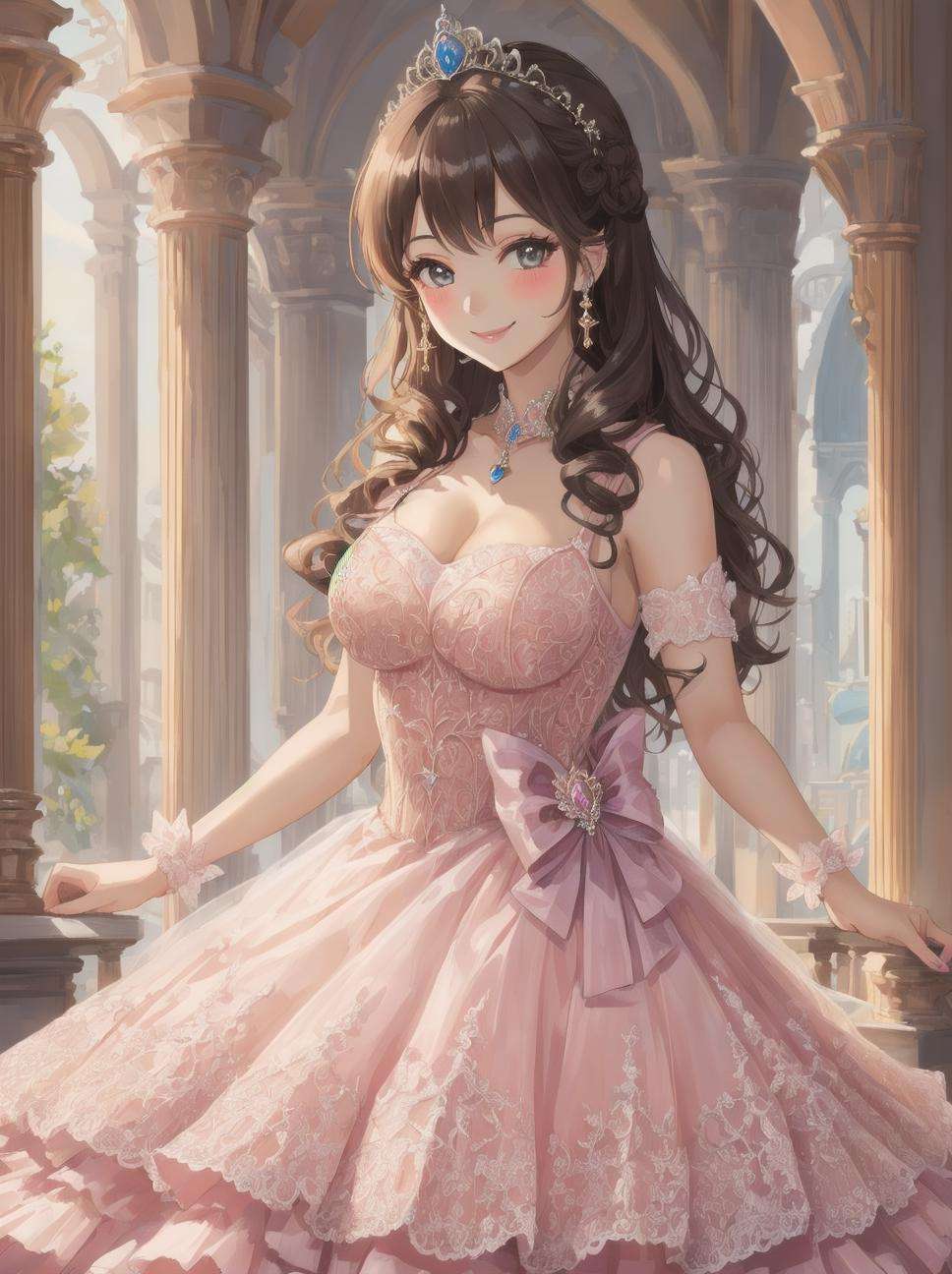 beautiful girl, smiling, regal, princess dress, vibrant, vivid <lora:princess_dress-1.0:0.6>