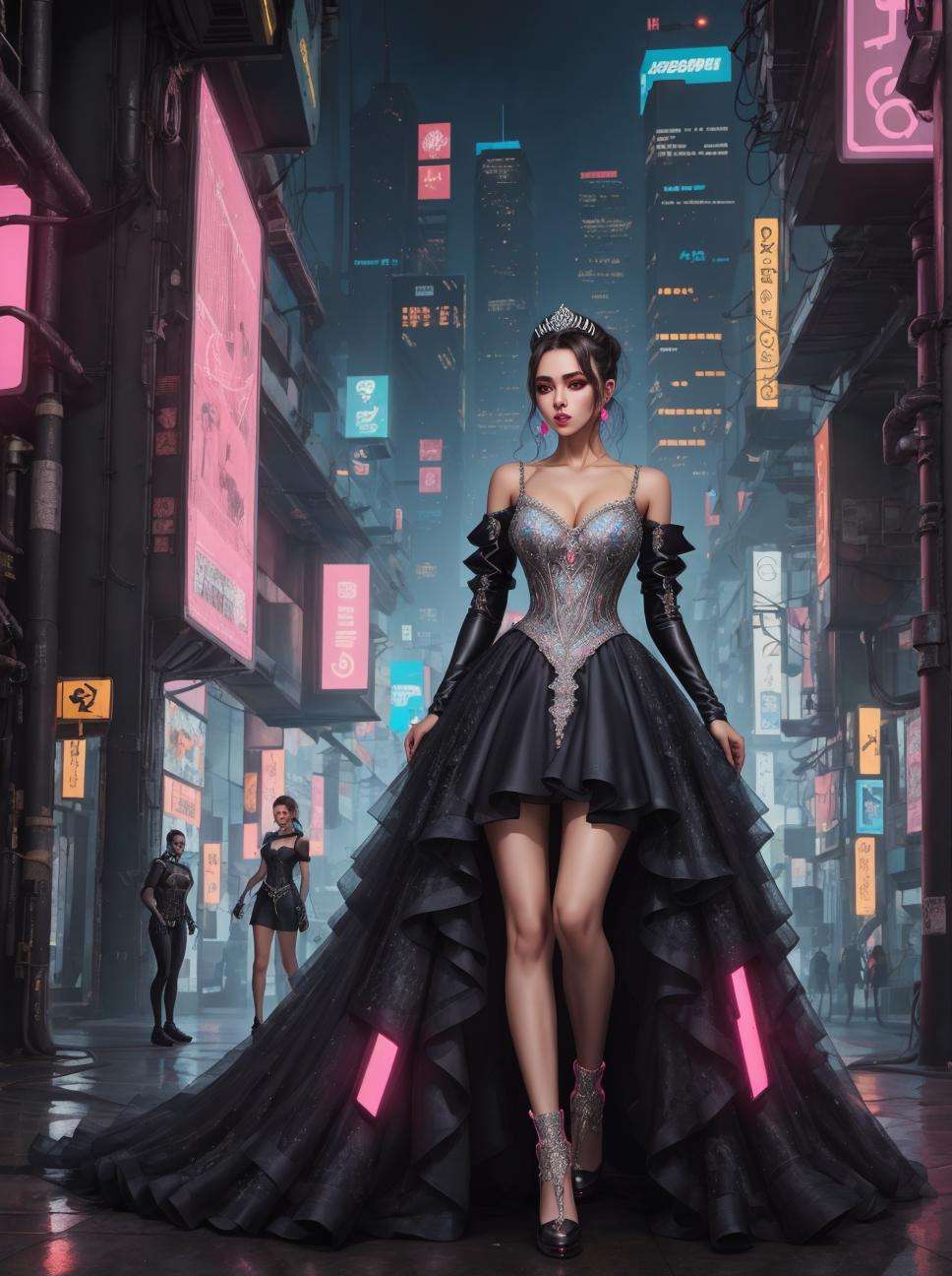 Techwear fashion beautiful girl, princess dress, neon, cyberpunk, futuristic <lora:princess_dress-1.0:0.8> . Futuristic, cyberpunk, urban, tactical, sleek, dark, highly detailed